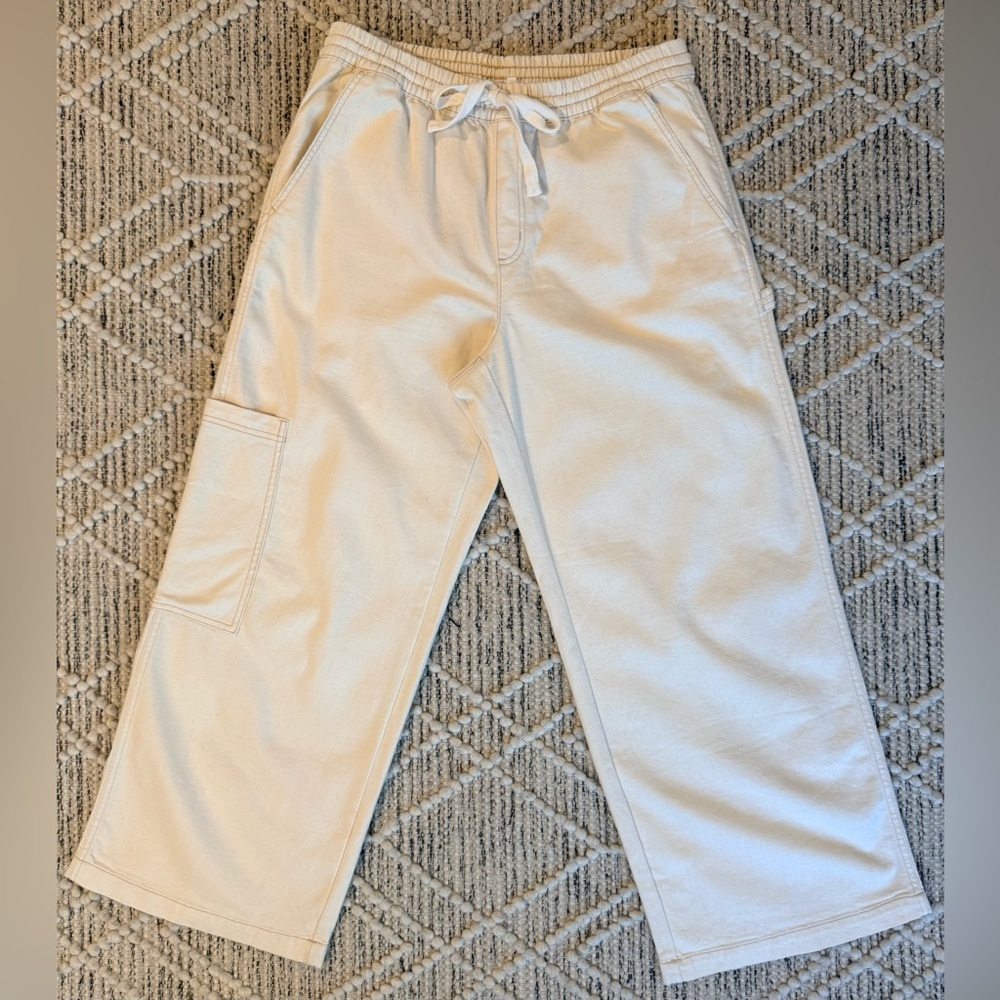 Aerie Low & Stretchy Cargo Trousers Greige Oatmeal Cream Wide Leg Size Large